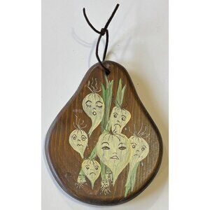 Vintage Pear Shaped Brown Wood Plaque Psychedelic Crying Onions Sad Sexy